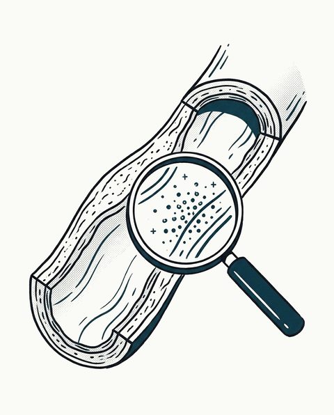 Slagader-doorsnede met vergrootglas, fijne deeltjes binnen de lens, suggereert precieze cardiovasculaire screening